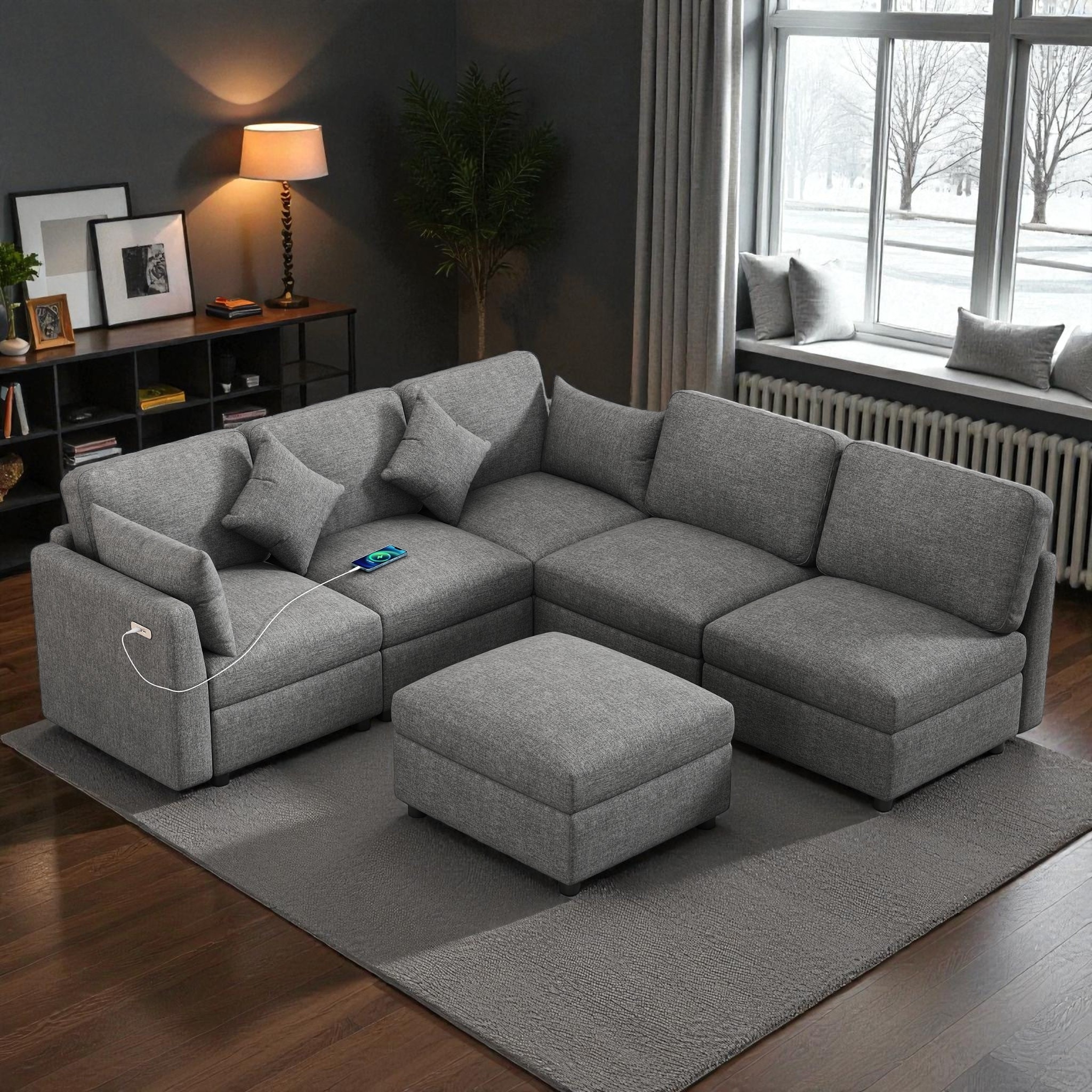 86.6" Modular Sectional Sofa U-Shaped Couch with Movable Ottoman USB Ports Chenille Sofa Bed for Living Room