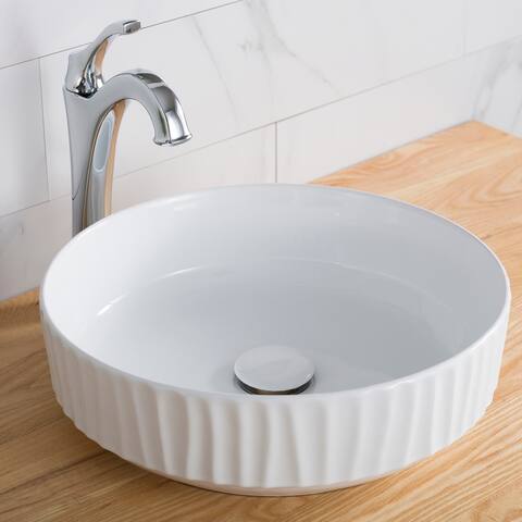 KRAUS Viva Round White Porcelain Ceramic Vessel Bathroom Sink w Drain