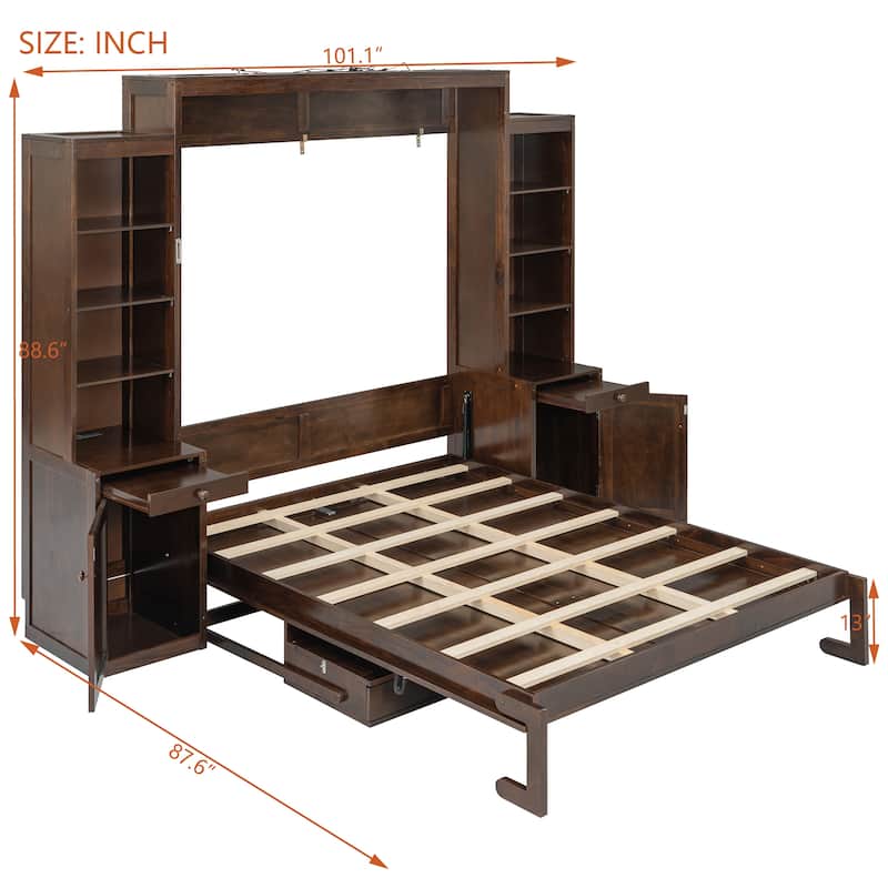 Queen Size Murphy Bed Heavy-Duty Murphy Bed Cabinet Bed with Desk Drawers open shelving Units Power Outlet and Side Cabinets