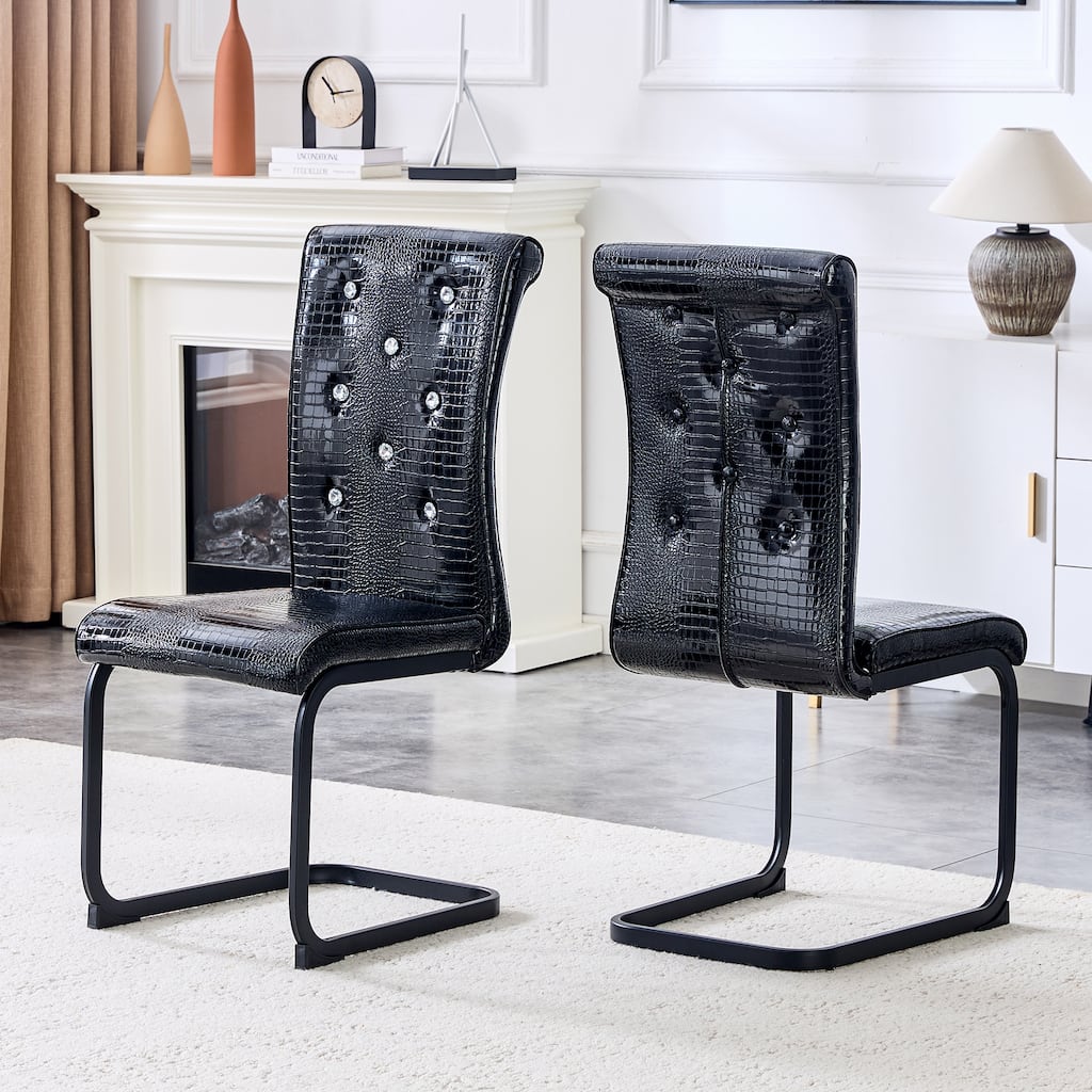 Set of 2, Retro Faux Alligator Skin Upholstered Dining Chairs, with Crystal Buckle Design and Faux Leather Design