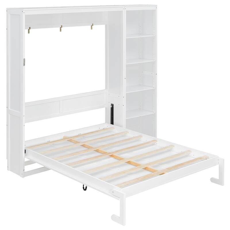 Roomfitters Queen Wall Murphy Bed with Adjustable Shelves Storage Cabinet Wood Frame