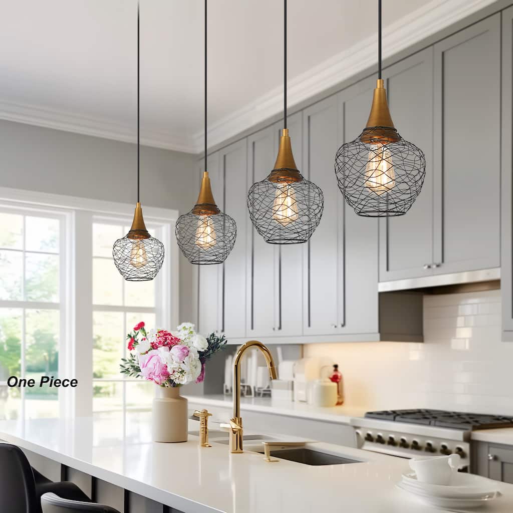 Alisar Mid-century Modern 7inch Mini Farmhouse Metal Cage Lantern Pendant Black Wire Kitchen Island Bar Ceiling Lights