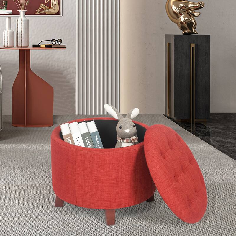 Adeco Round Button-tufted Lift-top Storage Ottoman