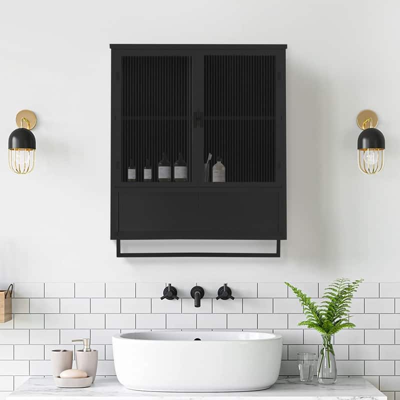 23.62" Modern Fluted Glass Wall Cabinet with Two Doors, Open Shelf & Towel Rack - Black
