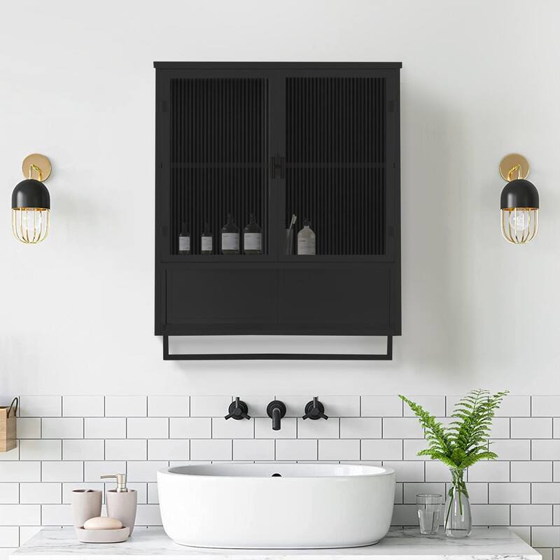 23.62" Modern Wall Cabinet with Featuring Two-tier Enclosed Storag With Glass Doors,Open Shelf and Towel Rack - Black