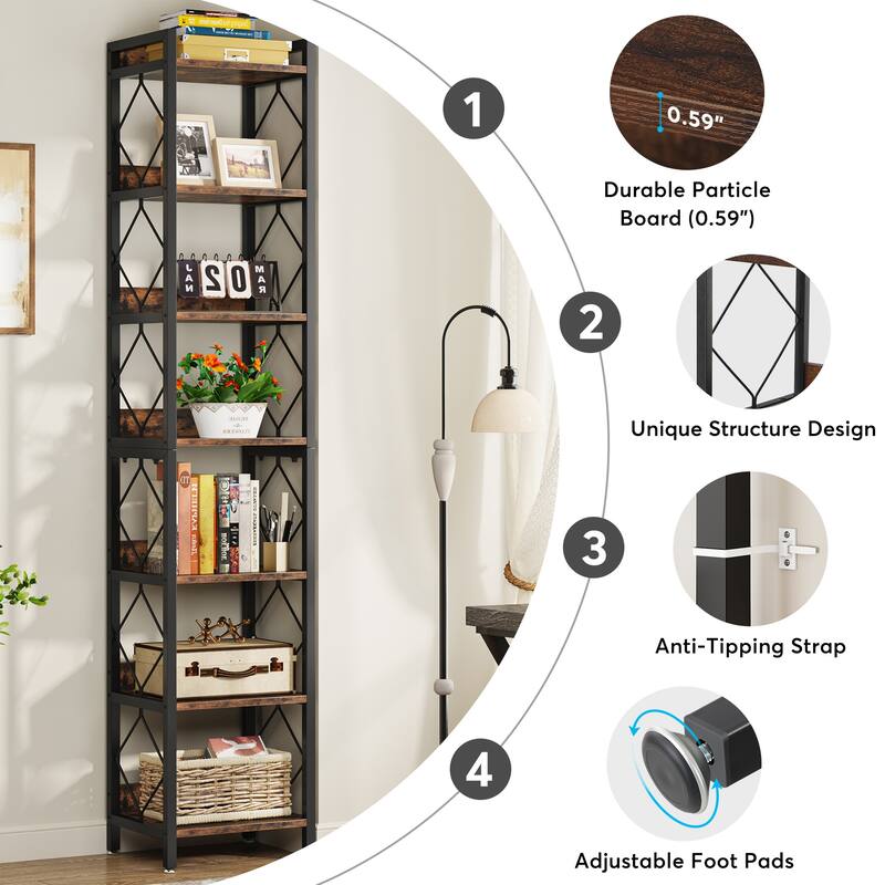 78.7 Inch Extra Tall Narrow Bookshelf, 7 Tier Corner Bookcase