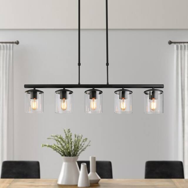 Modern Farmhouse 5-Light 36.8" Linear Clear Glass Island Black Chandelier for Dining Room