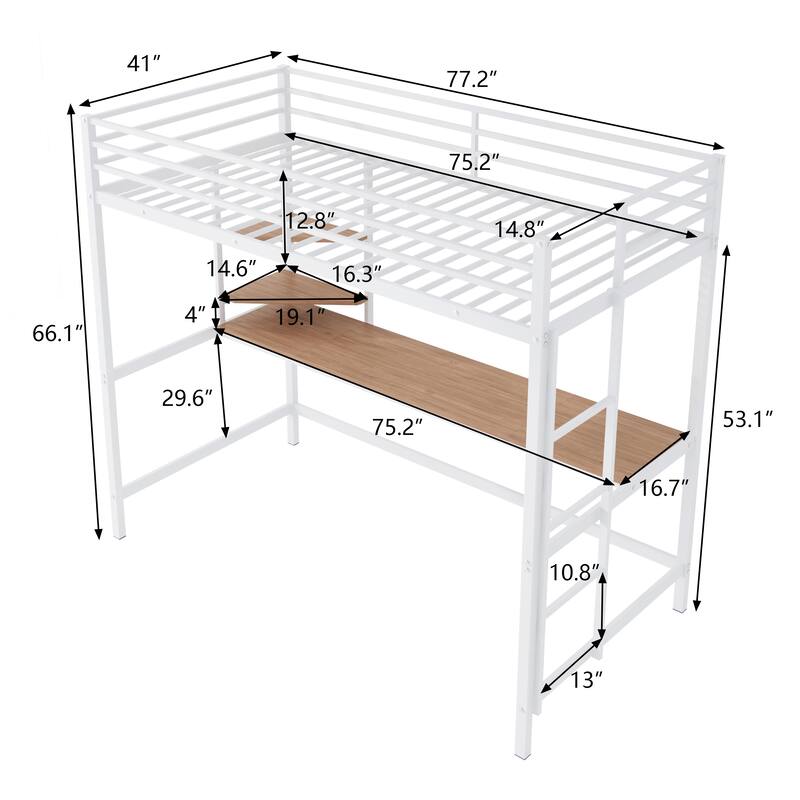Modern Twin Metal Loft Bed with Desk and Shelve