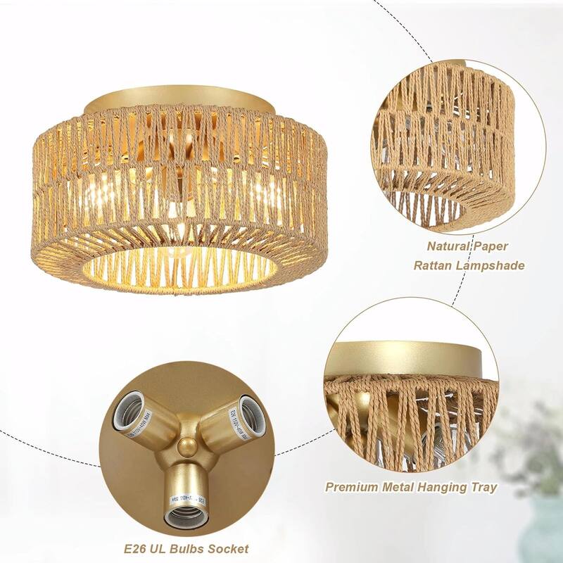 3-Light Farmhouse Rattan Ceiling Light