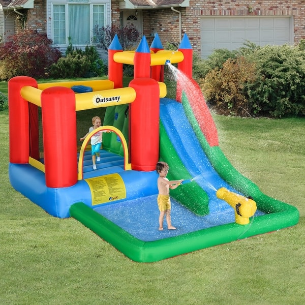 slide 2 of 10, Outsunny 6-in-1 Kids Bounce House Inflatable Water Slide with Pool, Water Gun, Climbing Wall, Inflator Included Kids