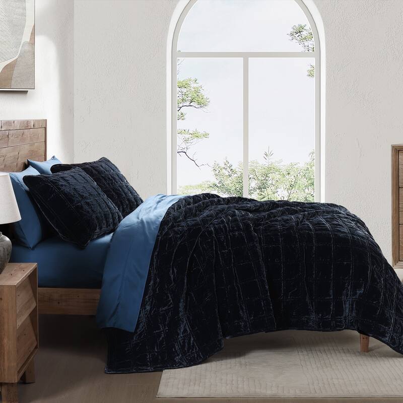 HiEnd Accents Stella Faux Silk Velvet Double Box Stitch Modern Rustic 3 Piece Quilt Set - Midnight Blue - Queen