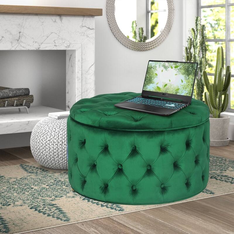Adeco Round Storage Ottoman Button Tufted Footrest Stool Bench