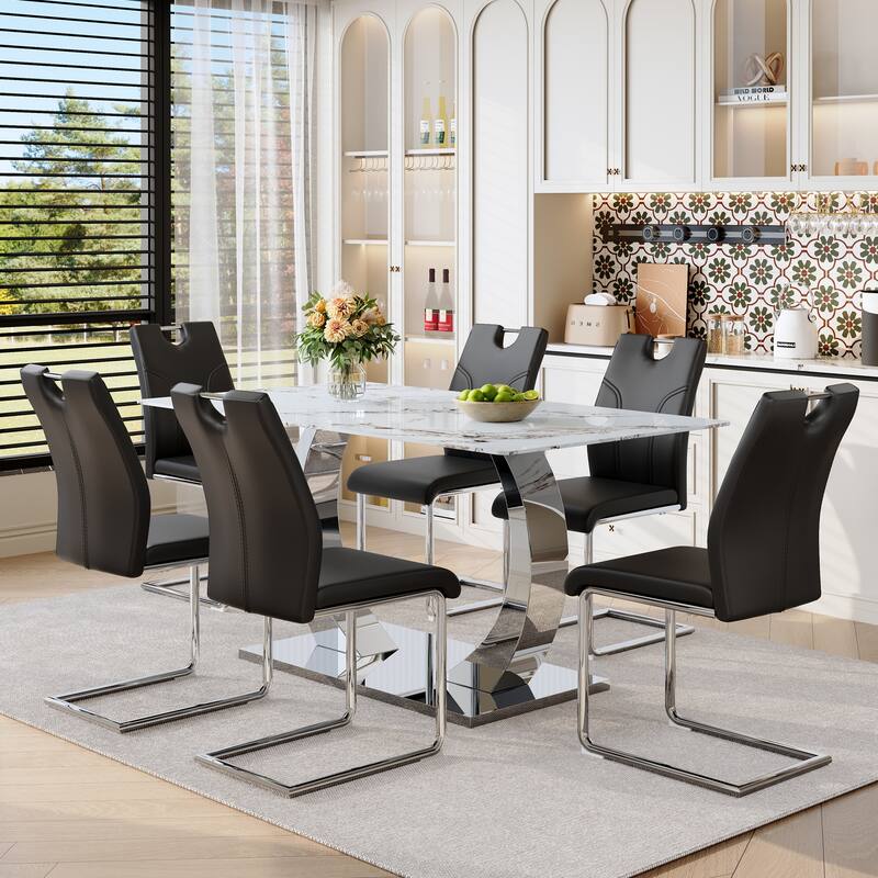7-Piece Dining Table Set with Black PU Chairs, U-Shaped Backrest Chairs Dining Table and Chairs Set for 6