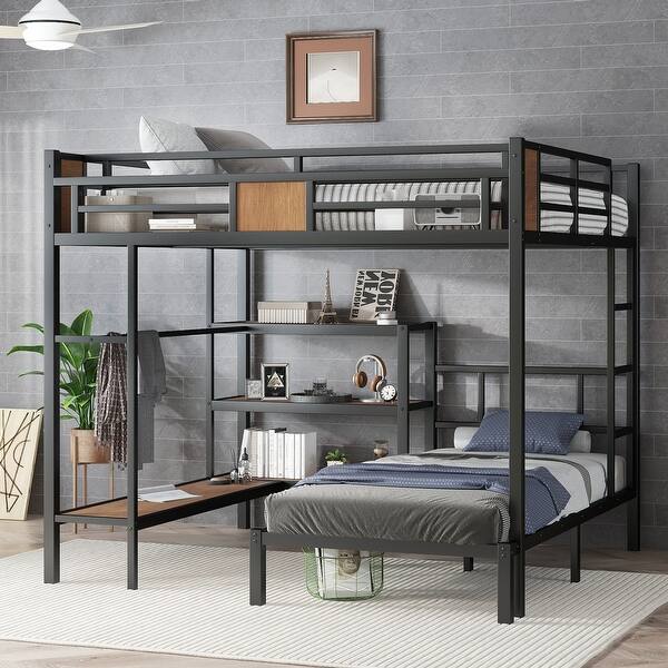 slide 2 of 12, Queen Over Twin Metal Bunk Bed with Shelves and Hangers, Storage on Top Bunk, Space-Saving Design Black