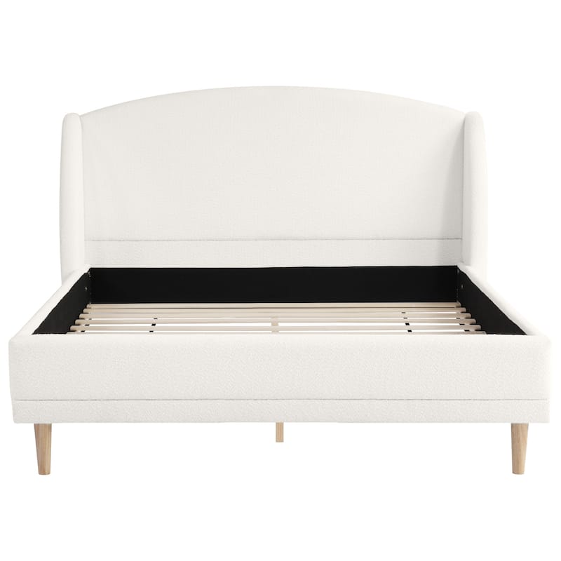 Boucle Upholstered Platform Bed with Rounded Corner Wingback Headboard