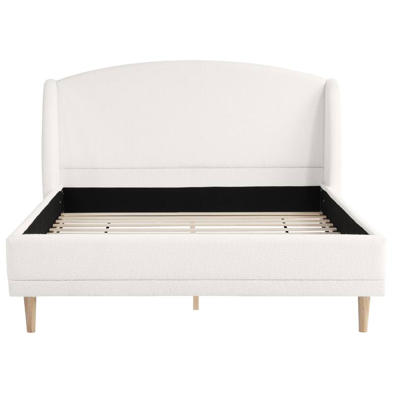 King/Queen Upholstered Bed Frame with Boucle Fabric and Wingback Headboard, Solid Wood Legs, No Box Spring Needed