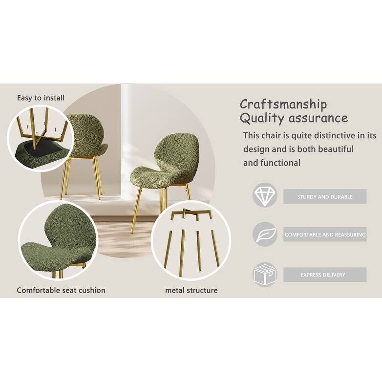 Teddy Velvet Dining Chairs Set of 2, Upholstered Armless Side Chair with Shell Backrest, Accent Chairs with Metal Legs