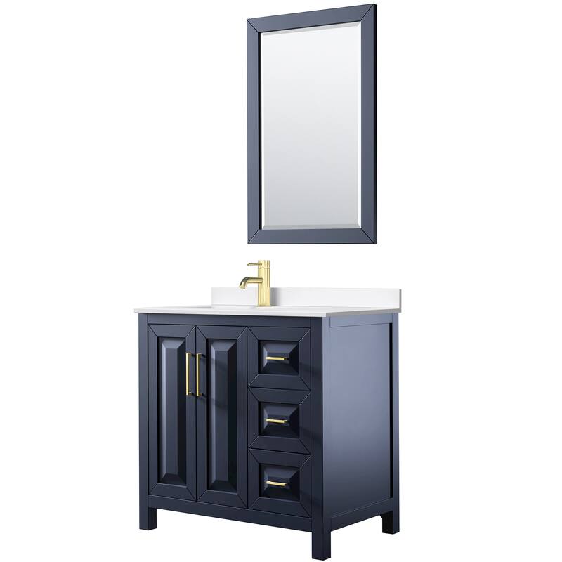 Daria 36-inch Single Vanity, Single Hole Quartz Top, 24-inch Mirror - Dark Blue, Gold Trim, White Quartz Top