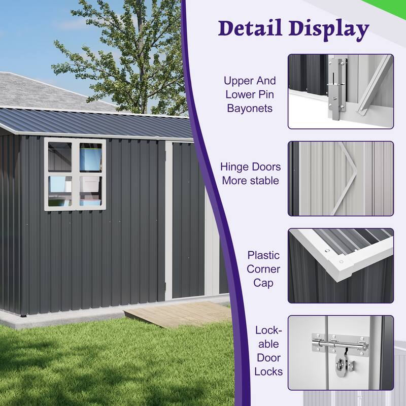 10X8FT Outdoor Steel Storage Shed with Clear Window, Lockable Doors, Weather-Resistant Metal Tool Shed