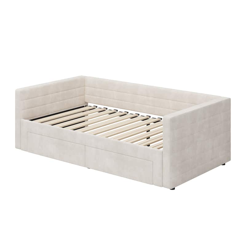 Twin Size Upholstered Bed Extendable Daybed Frame Twin to King Design Chenille Fabric Sofa Bed with Trundle and Storage Drawers