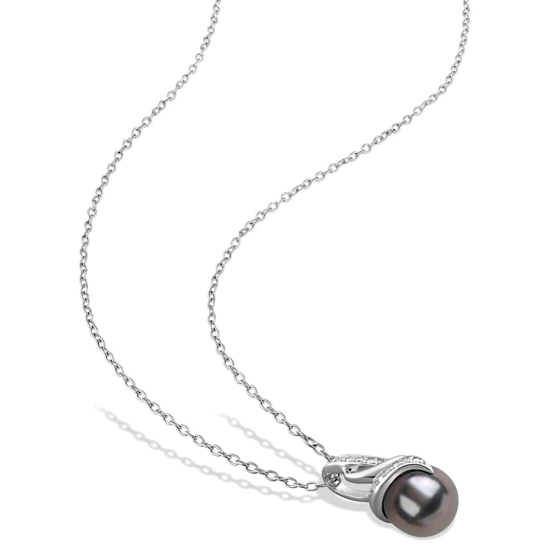 Miadora 8-8.5mm Cultured Tahitian Pearl Diamond Accent Earrings Necklace Set Sterling Silver