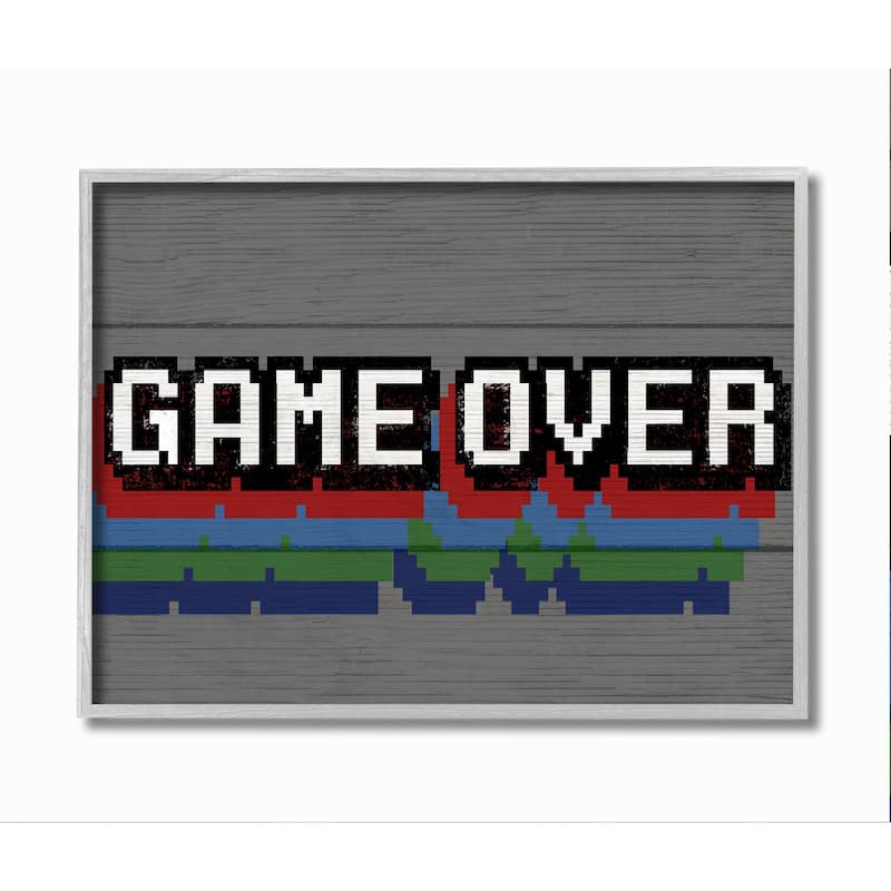 Stupell Retro Game Over Phrase Rustic Video Game Text Framed Wall Art - Grey