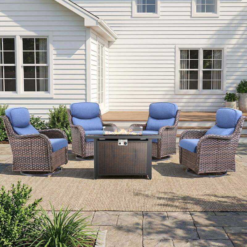 Pocassy 43" Fire Pit Table with Outdoor Swivel Chair Set - Brown Wicker Blue Cushion - 5-Piece Swivel Chair w/ Fie Pit Table