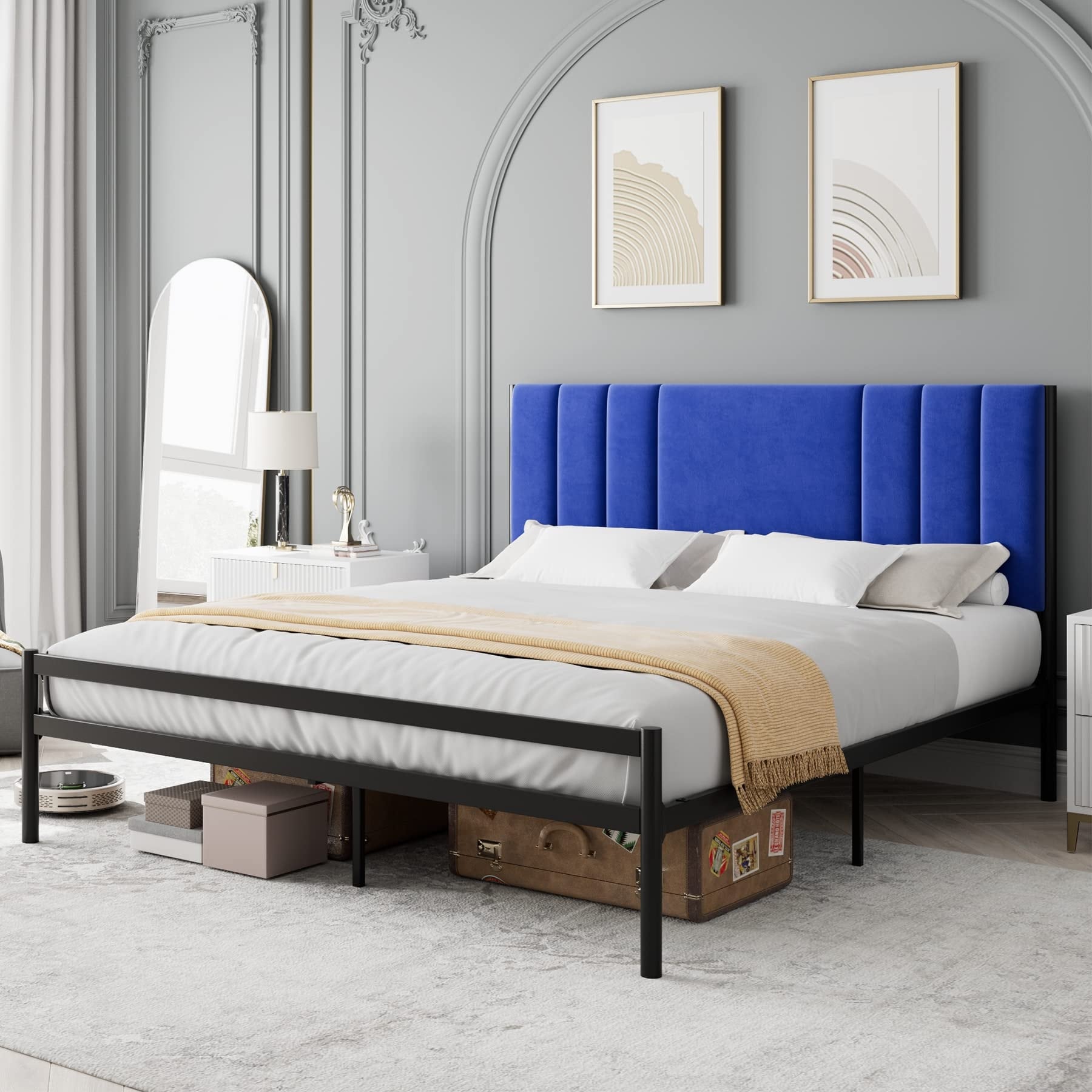 Full Bed Frame, Platform Bed Frame with Velvet Headboard, Heavy Duty Metal Bed Frame