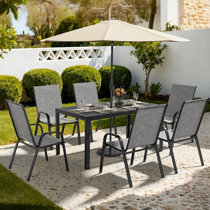 6-Person Patio Dining Set, Textilene Stackable Chairs and Rectangular Table with Umbrella Hole