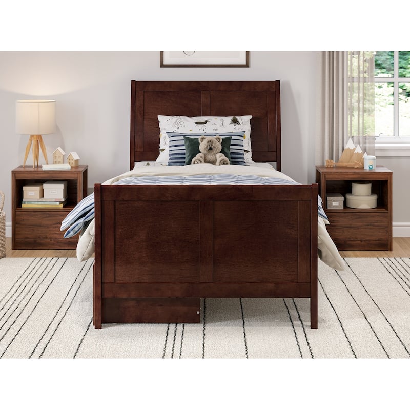AFI Portland Twin Size Platform Bed with Matching Footboard & Storage Drawers in Walnut