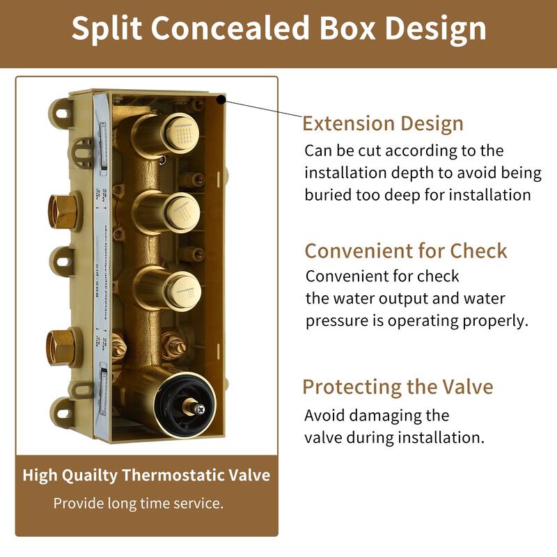3 Functions 12 Inch Wall Mount Thermostatic Shower System in Brushed Gold