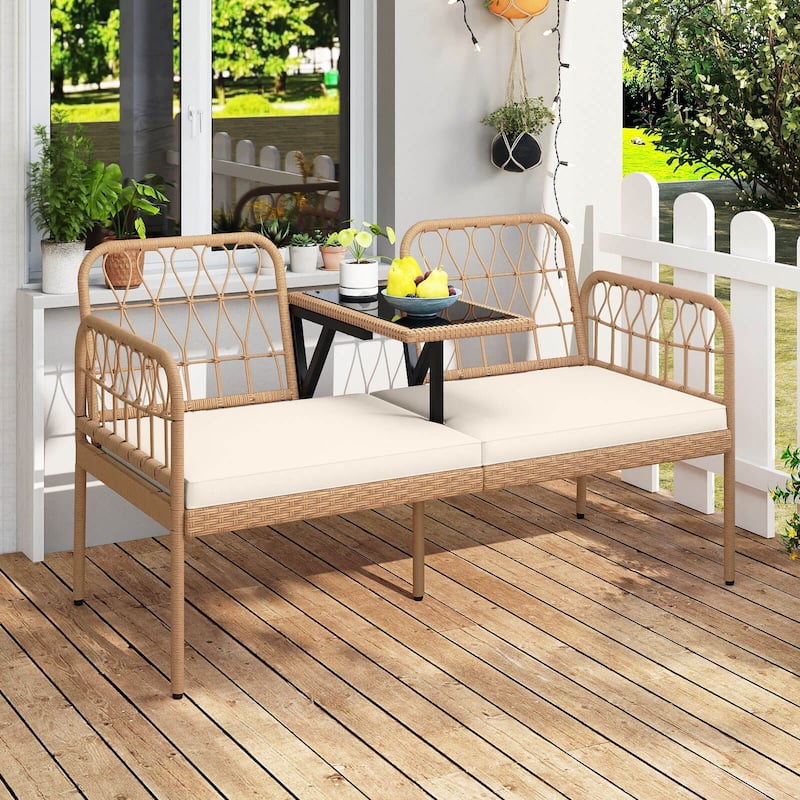 Costway PE Rattan Outdoor Loveseat with Built-in Coffee Table & Soft - See Details - Natural+Off White - See Details