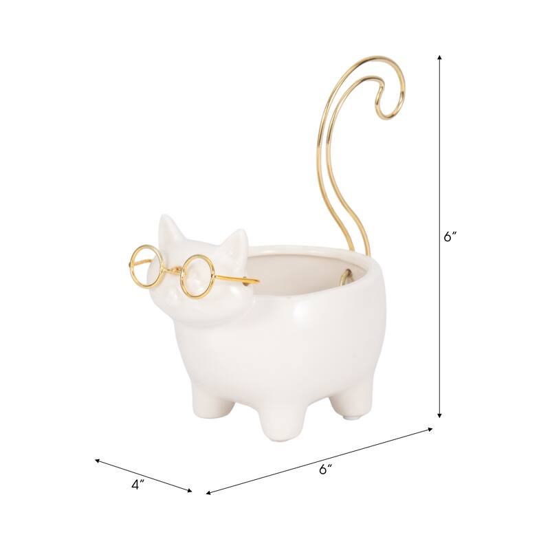 Sagebrook House Kitty Trinket Tray, White and Gold Ceramic Jewelry Holder/Organizer for Bathroom, Nightstand, Decor