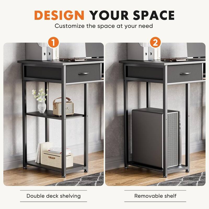 Computer Desk 48 Inch Home Office Bedroom Writing Study PC Table with Fabric Drawers Storage Shelves Space Side Bag