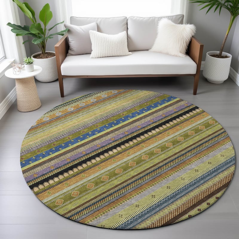 Machine Washable Indoor/Outdoor Boho Stripes Chantille Rug