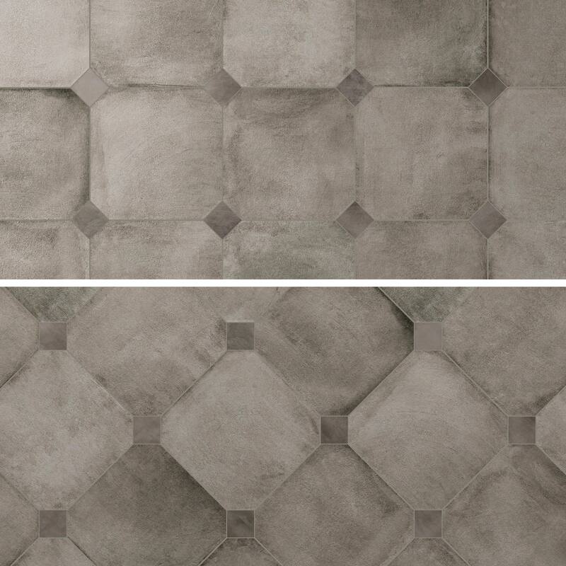 Merola Tile Laverton Octagon Grafito with Taco Grafito 7-7/8" x 7-7/8" Porcelain Floor and Wall Tile