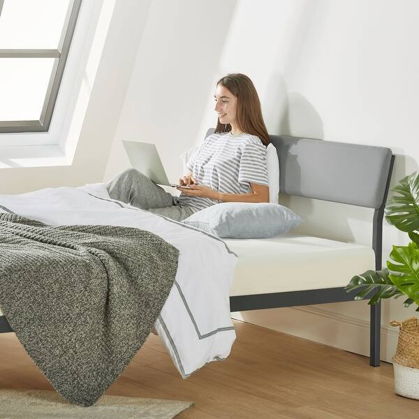 Kera Metal Platform Bed With Angled Upholstered Headboard Solid Wooden Slats Easy Assembly In Classic Grey On Sale Overstock 31950389 These headboard upholstered beds come with amazing features and enhance safety and the quality of sleep.