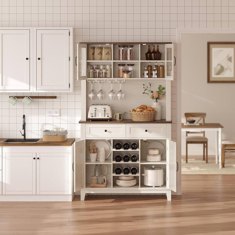 72" High Kitchen Pantry with 4 Doors and 2 Drawers, Wine Rack, Large Kitchen Storage Adjustable Shelves, White