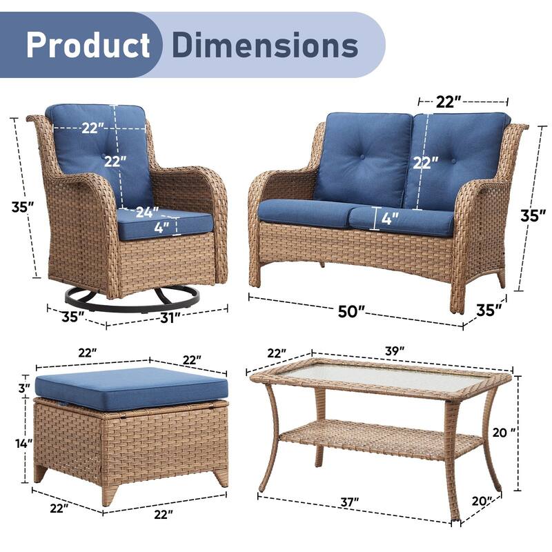 Pocassy Outdoor 4 Inch Sofa Swivel Chairs Table Ottoman