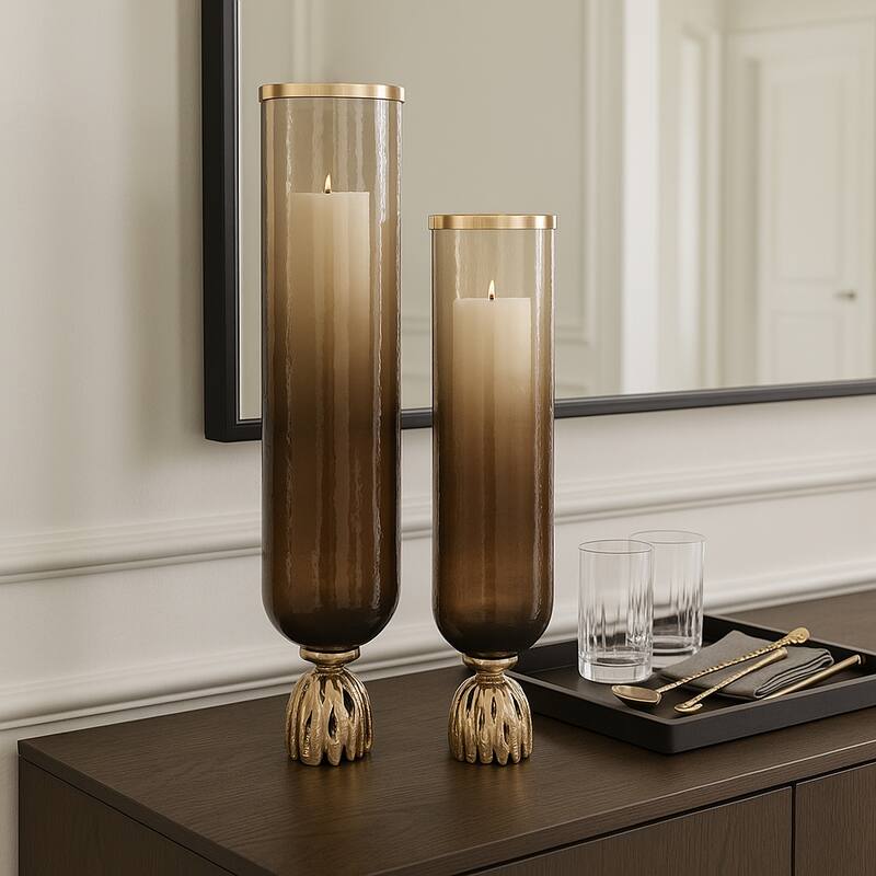 Glass Sculpted Base Hurricanes - Set of 2 - Brown, 20" - 23.0" - Brown/ Gold - 23.0"