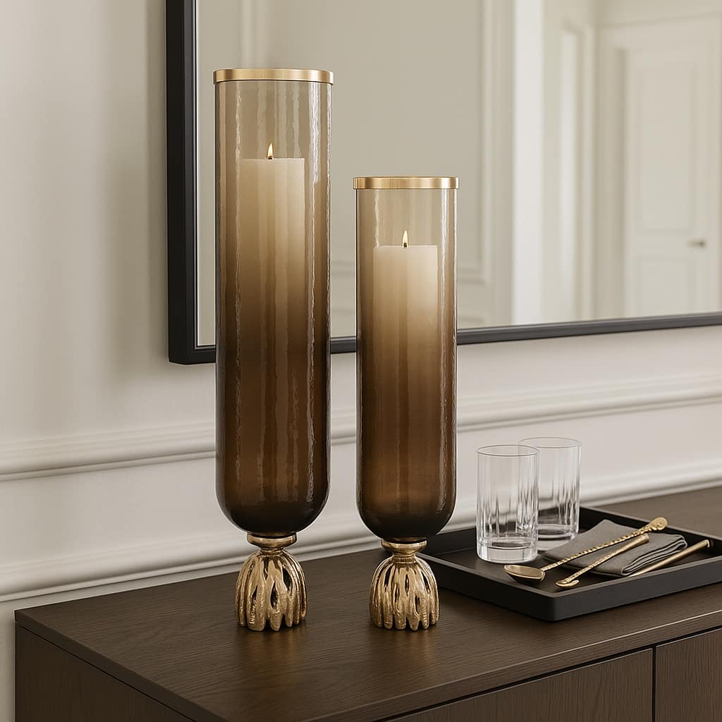 Glass Sculpted Base Hurricanes - Set of 2 - Brown, 20" - 23.0"