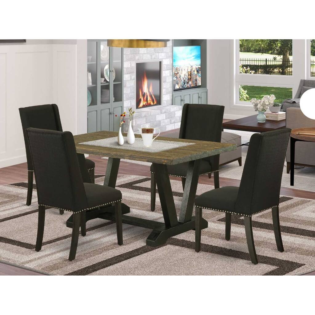 HomeStock 5-Piece Rectangle Distressed Jacobean Finish Solid Wood Top Dining Table with 4 Upholstered Chairs with Lattice Back