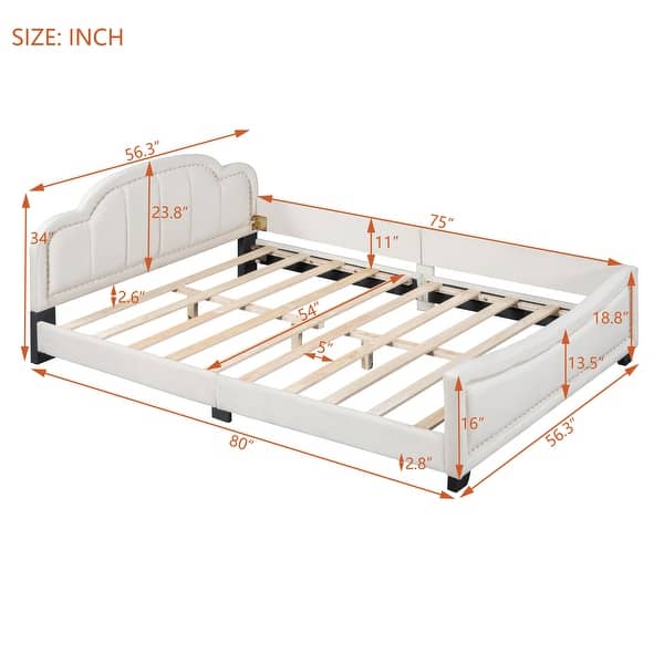 Full Bed Frame Low-Profile Bed with Copper Nail - Beige