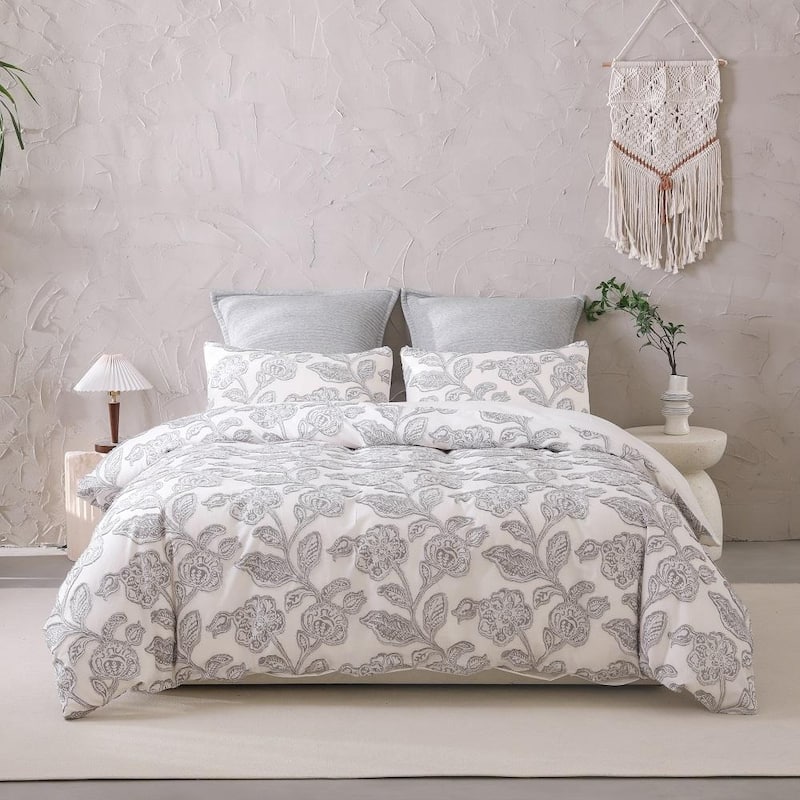 Cotton Clipped Jacquard Jacobean Floral Duvet Cover 3Pcs Set - Grey - Queen