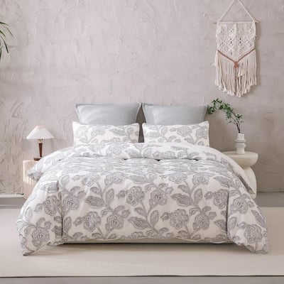 Cotton Clipped Jacquard Jacobean Floral Duvet Cover 3Pcs Set