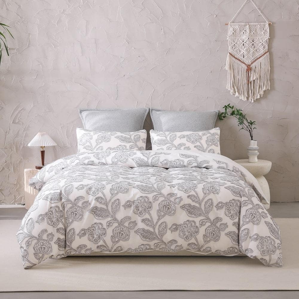Cotton Clipped Jacquard Jacobean Floral Duvet Cover 3Pcs Set