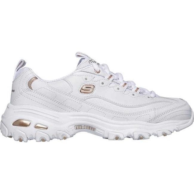 white and rose gold skechers