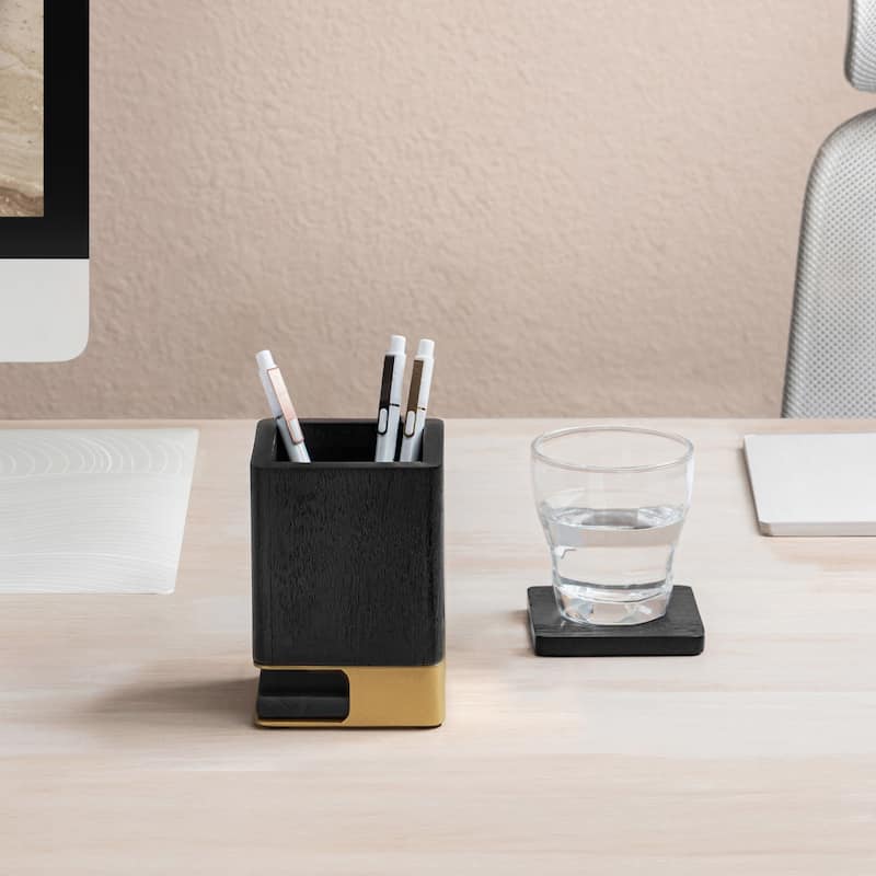 Jani Wooden Pen Cup Holder with 2 Coasters - Stained Mango Wood & Powder-Coated Metal Organizer for Home, Office & Living Spaces - Black/Gold