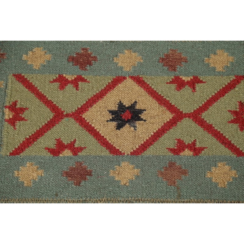Geometric Kilim Oriental Area Rug Flatweave Green Wool Carpet - 5'7"x 9'0"