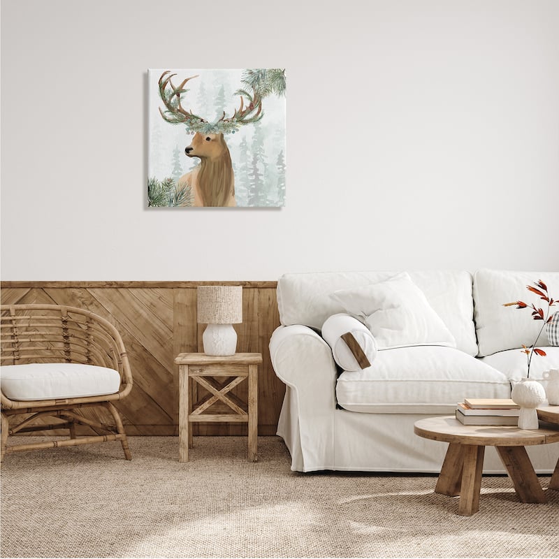 Stupell Winter Forest Elk Festive Pine Antlers Woodland Trees Canvas Wall Art - Green